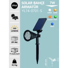 7W LED SOLAR BAHÇE ARMATÜRÜ  BEYAZ GÜNIŞIĞI YEŞİL AMBER RGB